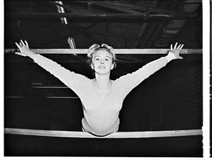 Jan Bedford, Australian gymnastic champion, photographed for TV Times, Sydney Police Boys' Club