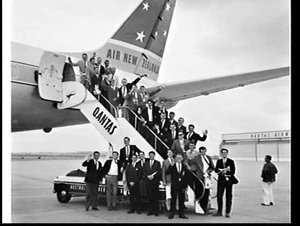 Albury Football Team boards an Air New Zealand DC-8 jet...
