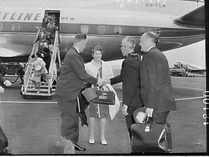 Sir G.Guthrie's assistant welcomed, BOAC, Mascot Airpor...