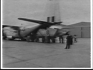 RAAF no. 77 Avon-Sabre being loaded into a Hercules for...