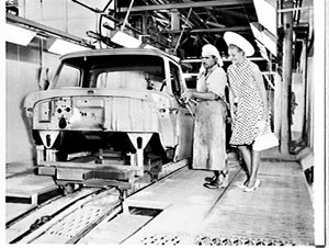 Miss Australia 1966 Sue Gallie visits the Ford factory,...