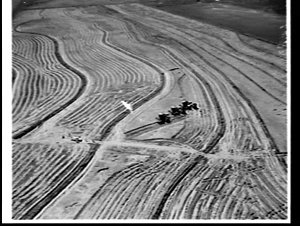 Aerial photograph of rice harvesting, Leeton