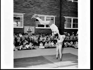Clowns and acrobats of the visiting Moscow State Circus...