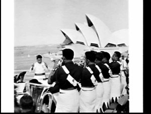 Fijian Police Band plays on the deck of the P. & O. lin...