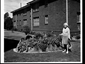 War Widows' in the garden of their block of units, Croy...