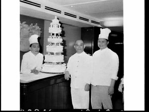 Six-tiered christmas cake on the P. & O. liner Aramac, ...