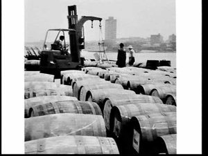 Unloading barrels of Bacardi rum, Walsh Bay