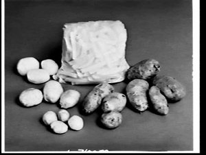 APa studio photograph of potatoes and chipped potato in...