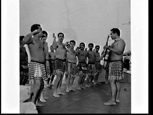 Haka group in Maori costume on board HMNZS Blackpool, G...