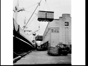 Loading cargo on pallets onto the cargo ship Bombala, G...