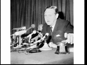 Prime Minister Gorton gives a press conference on board...