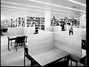 Brownbuilt shelving in the Library, Macquarie Universit...