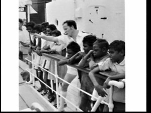 Aboriginal children visit the ship Kwansi, Woolloomoolo...