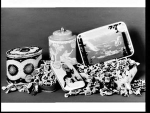 APA studio photograph of tins of Riley's toffees