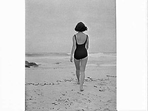Photographs of a female model in a Jantzen swimsuit tak...