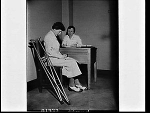 Marian Kite, handicapped by polio, working at Rachel Fo...
