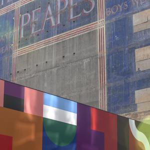Item 01: A painted advertisement for Peapes menswear co...