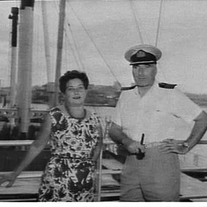 Captain Chownowski and his wife on board Stefan Okrzeja, passenger-cargo ship, Walsh Bay, Sydney