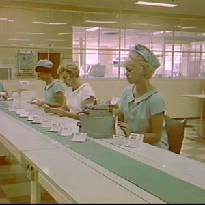 Assembly line for Edecril edema tablets at the Merck, S...