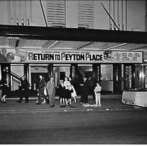 Night exterior of the Century Theatre, 1961, advertisin...