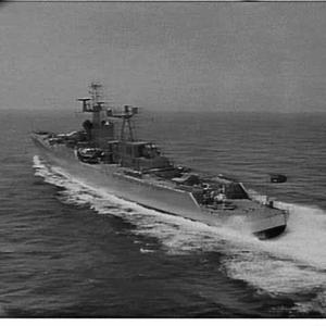 Speed trials of HMAS Parramatta photographed from a hel...