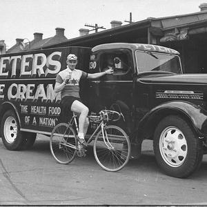 Cyclist Hubert Opperman poses for advertising at Peters...