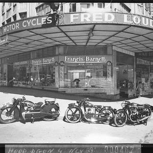Francis-Barnett motorcycles outside Fred Loudon's motor...