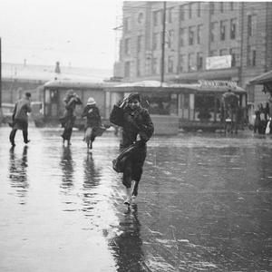 Dreary city scene in pouring rain