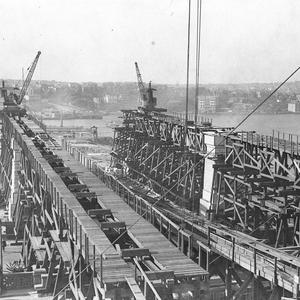 Gantries erected to support the first steelwork of sout...
