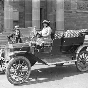 Woman motorist at the wheel of a 1912 'T' Model Ford, i...