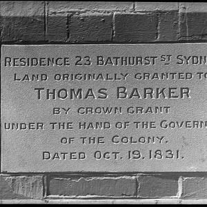 Stone with inscription reading "Residence 23 Bathurst S...