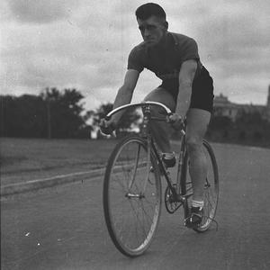 Len Rogers and bike (taken for Bruce Small Ltd)