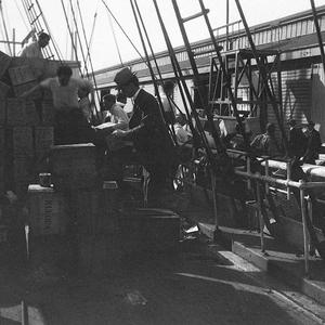 Q219: Loading ship at the wharf, Hobart (figure with th...