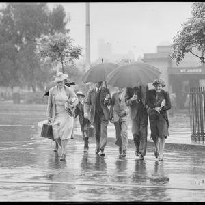 Wet weather scene at St James Station, 20 February 1940...