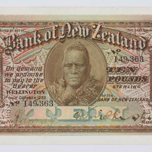 Item 750: Bank of New Zealand, banknote, ten pounds, 1928