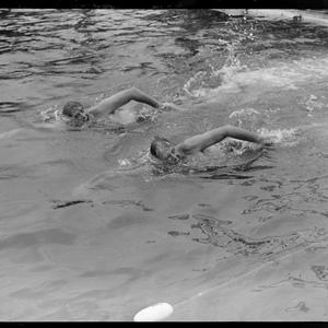 Andrew "Boy" Charlton, Warren Boyd, Robin Biddulph & Frank O'Neill. Swimming Champs at Manly Baths, 25 February 1947 / photographs by Lynch