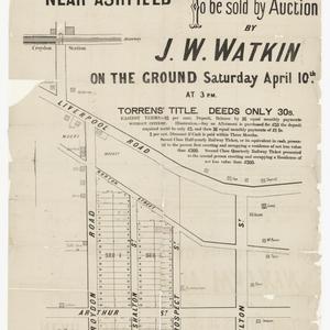 Allotments at Suttonville near Ashfield to be sold by auction by J. W. Watkin on the ground, Saturday April 10th at 3 p.m. [cartographic material] / T.S. Parrott, civil engineer and surveyor.