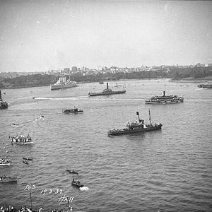 Boats and ferries in the Harbour and HMAS Canberra, Far...