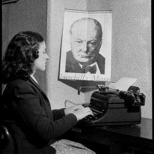Florence Harring typing picture of Churchill at Chartre...