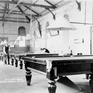Billiard room with men playing billiards - Scone, NSW