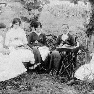 Group of women sewing, knitting and embroidering. They ...