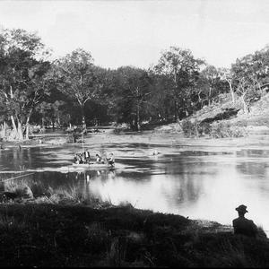 View of Macquarie River. Fishing group in punt - Macqua...