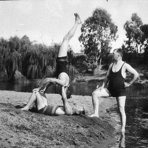 "Morning swim" men in acrobatic pose - Forbes, NSW