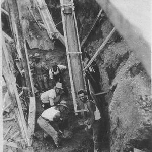 Pouring concrete in reservoir walls. Cowangs Dam. See a...