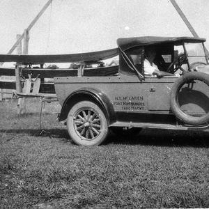 Harry McLaren's 1928 Chevrolet truck with surf skis he built. Hand paddles can be seen on lower ski. Taken in backyard of 23 Gore Street - Port Macquarie, NSW