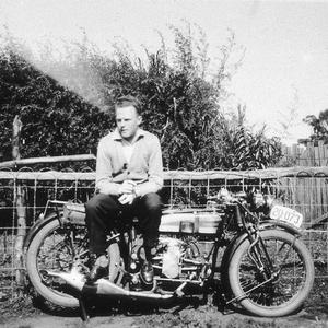Man on 1928 350cc Douglas motorcycle.