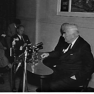 Prime Minister Menzies greeted by Harold Holt on his re...