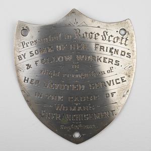 An engraved plaque presented to Rose Scott, 1902