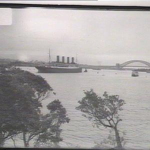 Four funnelled troopship, Aquitania and showboat