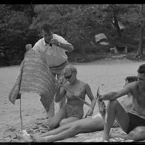 "Weird Mob" film [Judith Arthy on set, Bondi Beach], 19...